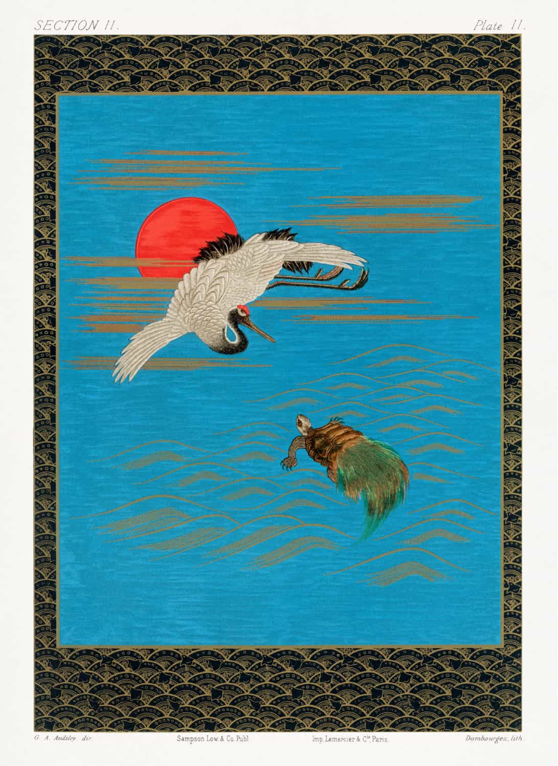 Sarus crane flying above turtle in the sea by G.A. Audsley poster